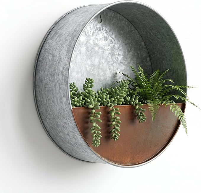 Topadorn Hanging Planter Flower Pot Galvanized Metal Container Wall Pocket Garden Bucket Metal Pot for Indoor or Outdoor Balcony Patio, Round 12" H