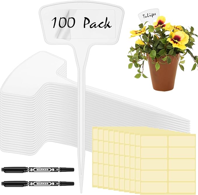 202 Pcs Large Plant Labels Kit 10.63 Inch Include 100 Outdoor White Plastic Plant Tags Waterproof Reusable Markers Stakes 100 PET Films and 2 Marker Pens for Garden Herbs Flowers Pot