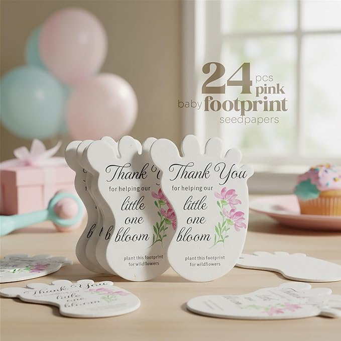24pcs Pink Footprint-Shaped Gift Tags with Wildflower Seeds - Writable Gift Wrap Tags for Baby Showers, Mother's Day Present, Party Favors, DIY Crafts, & Earth Day Decorations