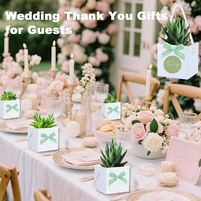 HejVulkan 40 Pack Succulent Wrap Bags Set with 2.5 inch Succulent Gift Bags, Mini Bows and Thank You Stickers, Great Party Favor Gifts for Wedding, Baby Showers, Bridal Showers(White)