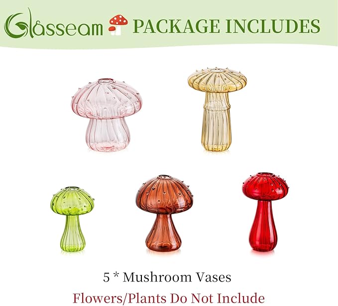 Glasseam Mushroom Flower Bud Vases: Set of 5 Cute Colored Glass Small Vase for Flowers, Unique Aesthetic Decorative Vases for Home Decor, Hydroponic Plant Vase Indoor for Dining Room Centerpieces