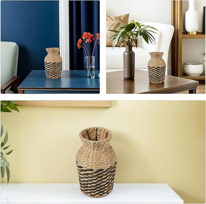 Angoily Rattan Vase 25cm Small Tabletop Woven Flower Basket Handmade Seagrass Planter for Home and Hotel Decoration