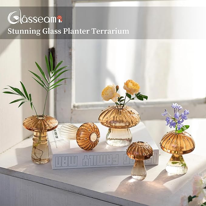 Glasseam Amber Glass Mushroom Vase: Cute Small Flower Vase Set of 10 Unique Mini Bud Vases for Centerpieces Decorative Vases for Flowers Funky Plant Vase Decor
