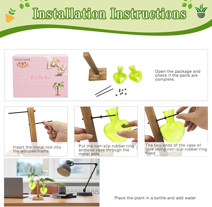 XXXFLOWER Plant Terrarium Wooden Stand, Hydroponic Planter Bulb Glass Metal Swivel Holder Retro Air Plants Water Plants for Home Office Decoration Gifts for Plant Lover Mom- 2 Green Love Bulb Vase
