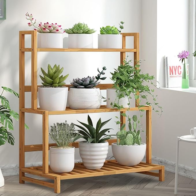 Simcat Plant Stand Indoor - Plant Stand Outdoor for Multiple Plants Wood Plant Shelf Multi-tier Planter Stand Flower Stand for Patio Garden Living Room Balcony Bedroom (3 layers- 60 * 33 * 72cm)