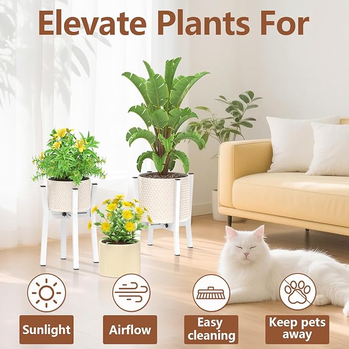 LASZOLA White Adjustable Plant Stand for Single Large Outdoor Indoor Planters, Heavy Duty Metal Floor Fern Holder Fits 8 to 12 Inch Pots, Elevated Big Flower Stool for Patio – Pot Not Included, 1 Pack