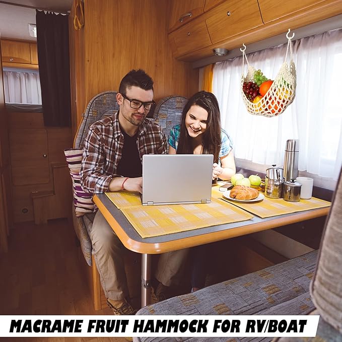 Fruit Hammock Under Cabinet with Hooks, Macrame Hanging Fruit Basket for Kitchen, Produce Hammock Banana Hanger, Boho Fruit and Veggie Storage Net, Space Saving Kitchen Organizer.