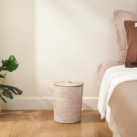 84ECO White Wicker Trash Can with Lid and Liner - Rattan Trash Can