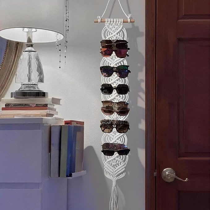 AceOrbit Macrame Sunglasses Holder Boho Wall-Mounted Hanging Sunglasses Organizer Vertical Woven Glasses Holder Display Storage Rack for Bohemian Bedroom Home Office Decor(Classic Style,White)