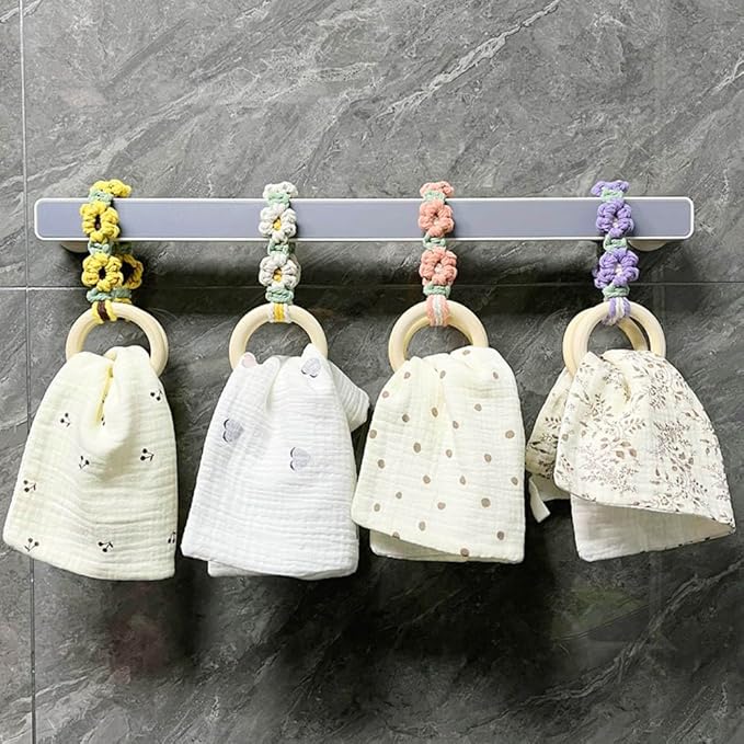 4 Pcs Daisy Flower Macrame Towel Holder Ring, Crochet Hanging Kitchen Dish Towel Holder, Handmade Kitchen Towel Hanger with Wood Hanging Loop for House Oven Stove Door
