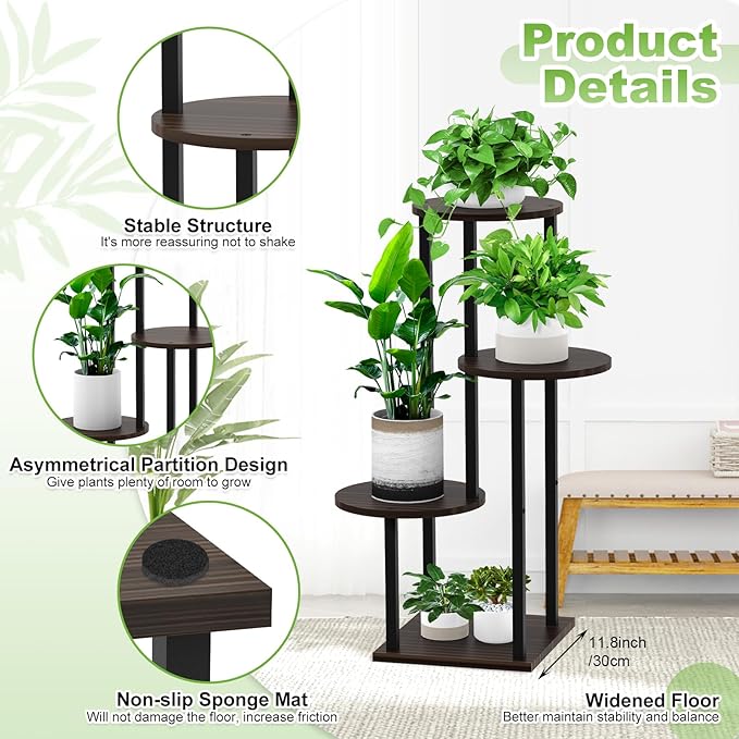 4 Tier Wood Tall Plant Stand Metal Rack Indoor, Multiple Flower Pot Holder Shelves Corner Rack, Round Planter Shelf Display Rack Storage Organizer for Patio Living Room Balcony(Black+Oak)