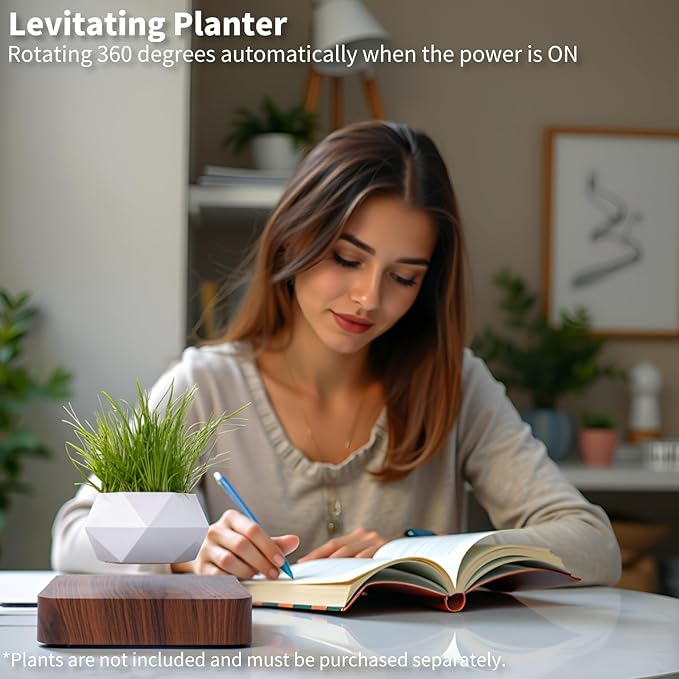 Levitating Plant Pot, Magnetic Floating Planter Levitating Plant 360° Auto Rotating Display for Bonsai, Air Plants Mini Flowers Cool Floating Desk Decor for Office, Living Room (Dark Brown)