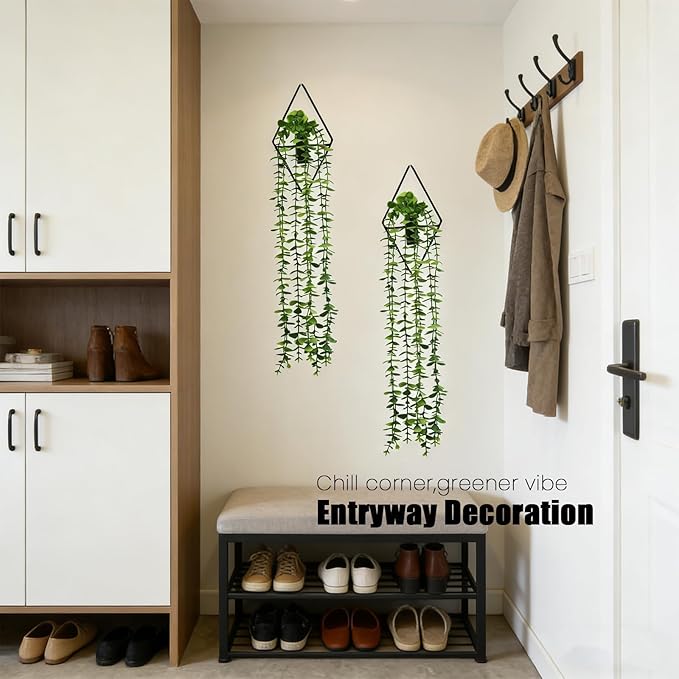 GREENTIME 2 Pack Fake Succulent Plants Hanging Artificial Ivy Vine with Black Diamond Metal Hanging Vase Faux Hanging Eucalyptus for Teacher Appreciation Living Room Bedroom Boho Kitche Wall Shelf