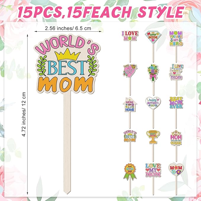 DoubleFill 15 Pcs Mother's Day Crafts Mom Plant Stakes Craft Kits Color Your Own Best Mom Plant Labels Gift DIY Unfinished Cutouts Present Tags for Mother's Day, Gardeners, Funny Gardening Gifts