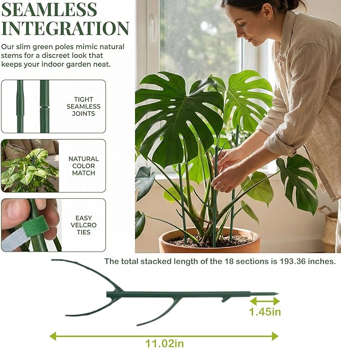 18 Pack Adjustable Plant Support Pole, Indoor & Outdoor Houseplant Stem Support, Adjustable Plant Support Stakes with Clamps, Garden Accessories for Monstera, Pothos, Replacement for Plant Stakes