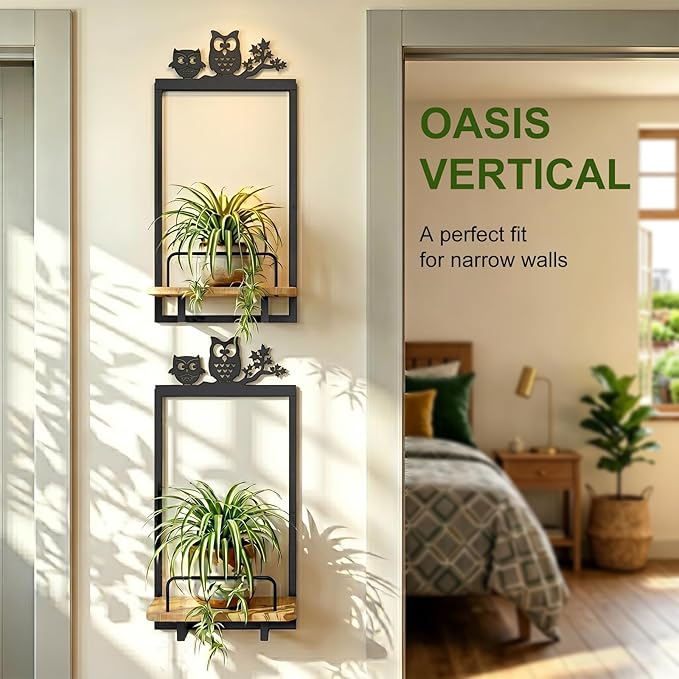 Shineled Wall Planter for Indoor Plants 2 Pack, Wall Mounted Plant Holder for Small Plants, Floating Wall Shelf for Plants, Real Oak Wood, Magnetic Animal Decor, Home Wall Decor (OWL)