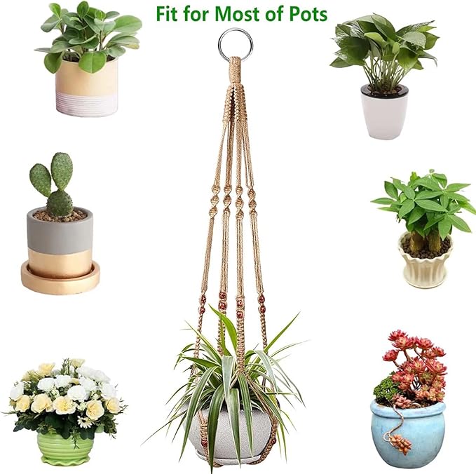 Macrame Plant Hanger 3 Pack Ceiling Plant Hanger 35'' Brown Hanging Planter Holder Boho Handmade Plant Jute Rope with 6 Hooks and Beads for Indoor Outdoor Home Balcony Decor, Fit Max 12'' Flower Pot