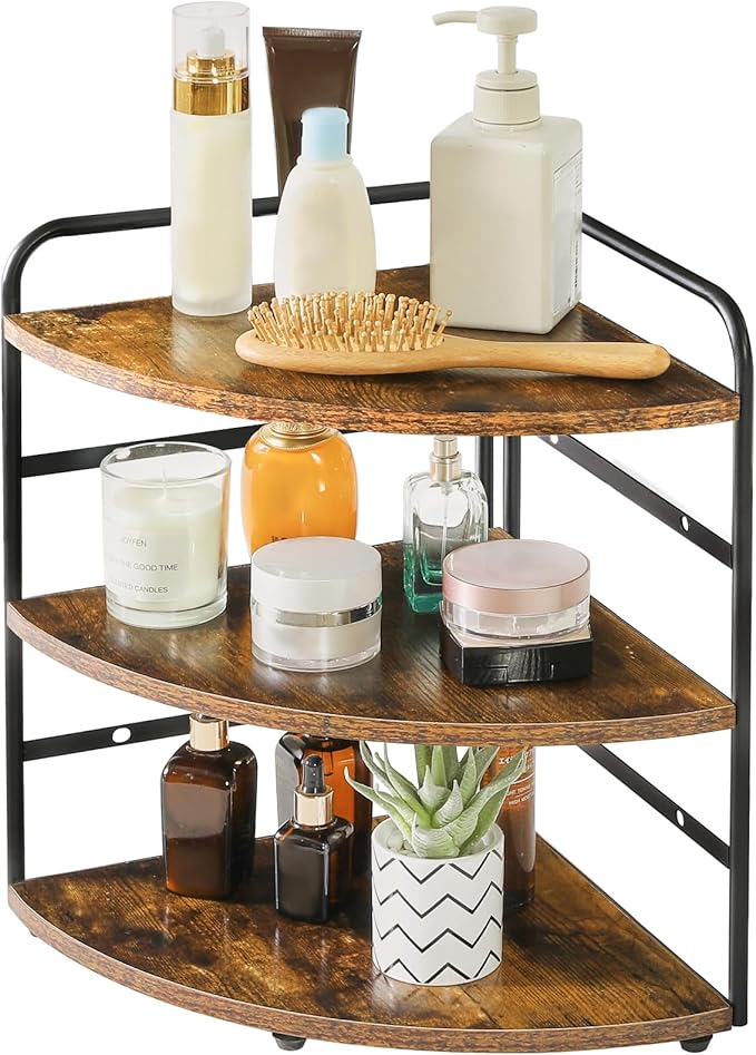 IBUYKE Corner Shelf, Kitchen Counter Organizer, Bathroom Vanity Trays, 3-Tier Spice Rack for Small Spaces,Cosmetic Storage Perfume Holder, Adjustable Height, Rustic Brown,TWJ002H