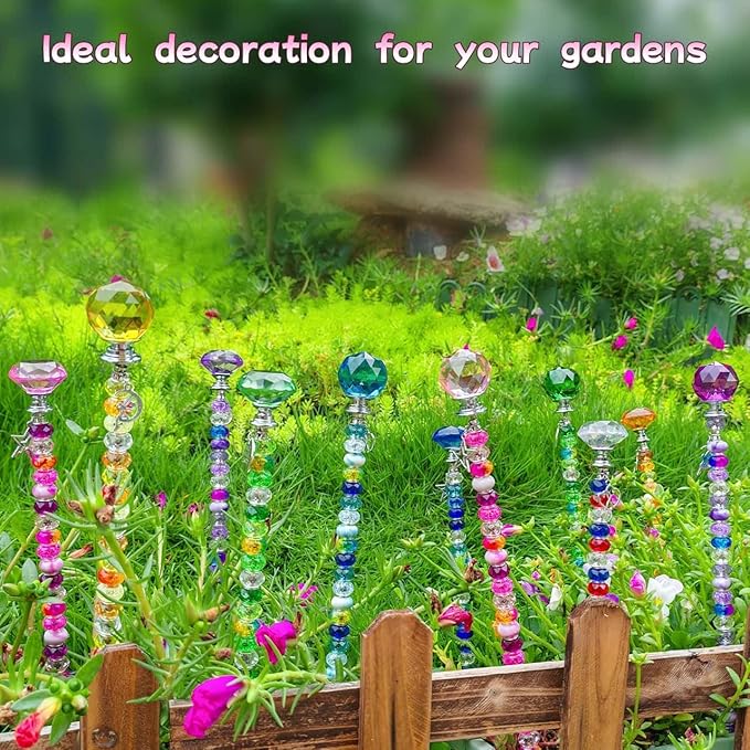 290Pcs Beaded Garden Stakes Kit - DIY Fairy Wand Garden Stake Beads Kit with 240 Colorful Large Hole Beads, Fairy Garden Accessories Outdoor for Different Festivals (6Diamonds & 6Balls)