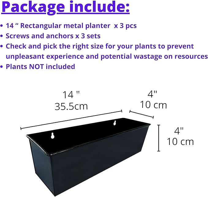 LaLaGreen Wall Planter Indoor Plants - 3 Pack, 14 Inch Large Wall Mount Planters for Succulent Black, Rectangular Metal Hanging Flower Pot, Long Window Sill Plant Box Fence Railings Floating Shelve
