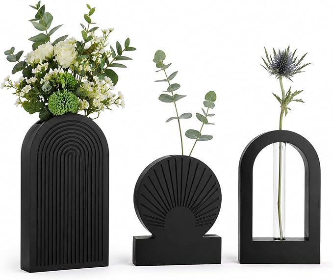 TBWIND Wooden Wall Vases Set of 3, Modern Farmhouse Arch Propagation Station with Glass Planter Tubes, Boho Fluted Hanging Decor for Entryway, Living Room & Narrow Spaces Black