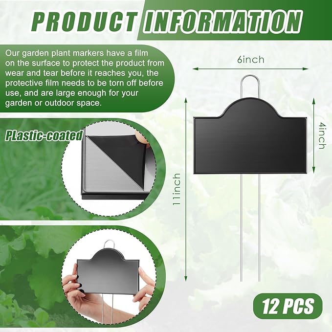 Landhoow 12 Pack Extra Large Metal Plant Labels 6" x 4" with 11'' Stake Stainless Steel Garden Markers Waterproof Memorial Plaques Weatherproof Plant Sign for Vegetable Herb Flower Greenhouse Outdoor