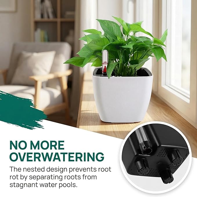 yarlung 6 Pack Self Watering Planter with Water Level Indicator, 5 Inch Plastic Plant Flower Pots Nested Container for Indoor Plants, Herbs, Aloe, Outdoor Gardening