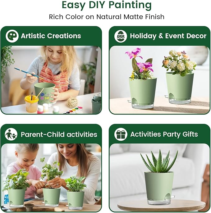 Meowell Self Watering Pots Set of 7 – Assorted Size 4" to 8" Indoor Plant Pots with Drainage Holes and Clear Reservoir for Visible Water Level, Plastic Wicking Planter for House Plants & Flower, Green