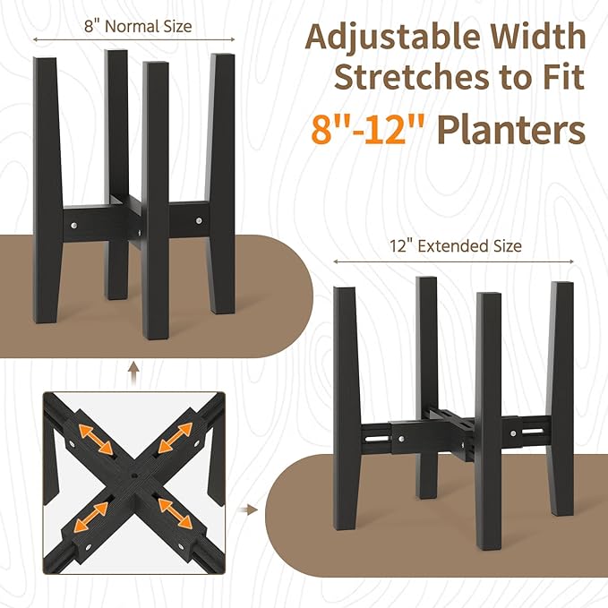 LASZOLA Bamboo Adjustable Plant Stand for Single Large Indoor Planters, Heavy Duty Floor Fern Holder Fits 8 to 12 Inch Pots, Mid Century Elevated Big Stool for Flower– Pot Not Included, Black, 1 Pack