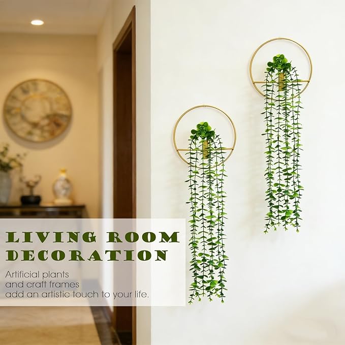 GREENTIME 2 Pack Fake Succulent Plants Hanging Artificial Ivy Vine with Gold Round Metal Hanging Vase Faux Hanging Eucalyptus for Teacher Appreciation Living Room Bedroom Boho Kitche Wall Shelf Outdoo