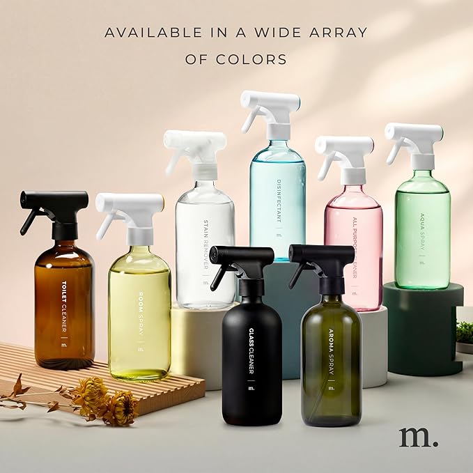 MAISONOVO Glass Spray Bottles for Plants - 16.9 fl oz Dark Green x 2 with 16 Labels