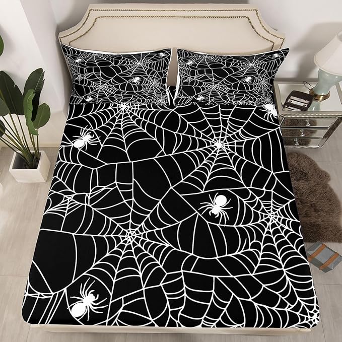 Feelyou Boys Spider Web Sheet Set for Kids Children Halloween Themed Bed Sheet Set Full Girls Decorative Scary Spider Pattern Sheets Soft Bed Set Black White,Flat Sheet+ Fitted Sheet + 2 Pillow Case