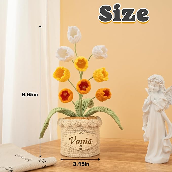 Crochet Flowers with Personalized Leather Name Tag Handmade Knitted Flowers for Home Office Desk Decor Crochet Lily of the Valley Flower Pot for Women,Teachers, Birthday Crochet Gifts(Yellow)