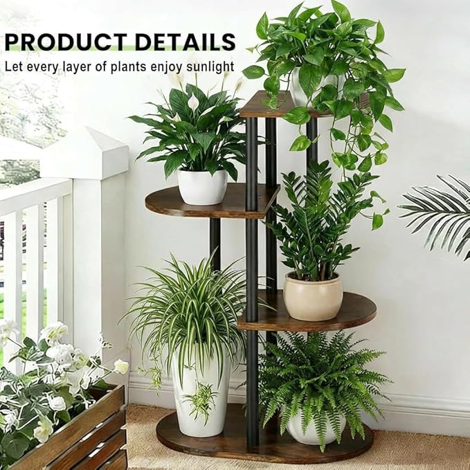 Tiered Plant Stand Indoor, Tall 4 Tier 5 Potted Wooden Plant Shelf for Multiple Flower Plants, Multi Corner Metal Plant Holder Indoor for Patio Garden Patent Design Living Room Balcony Bedroom, Rustic Brown