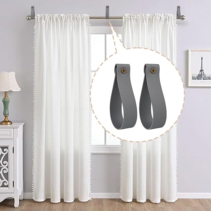 Curtain Rod Holders, 8 Pack Leather Curtain Rod Brackets with Screws,PU Curtain Rod Hangers,Leather Straps Hooks for Wall Pole Macrame Boho Art Décor, Gray