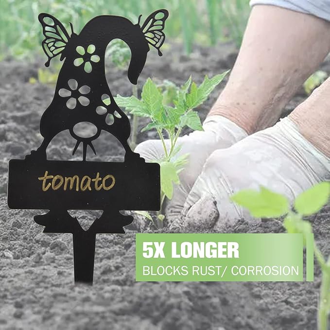 4 Pack Garden Gnomes Plant Markers for Outdoor Herb Label Stakes Nursery Plant Tags Gnome Garden Decor Accessories Steel Weatherproof Farmhouse/Greenhouse Plants Markers with a Pen