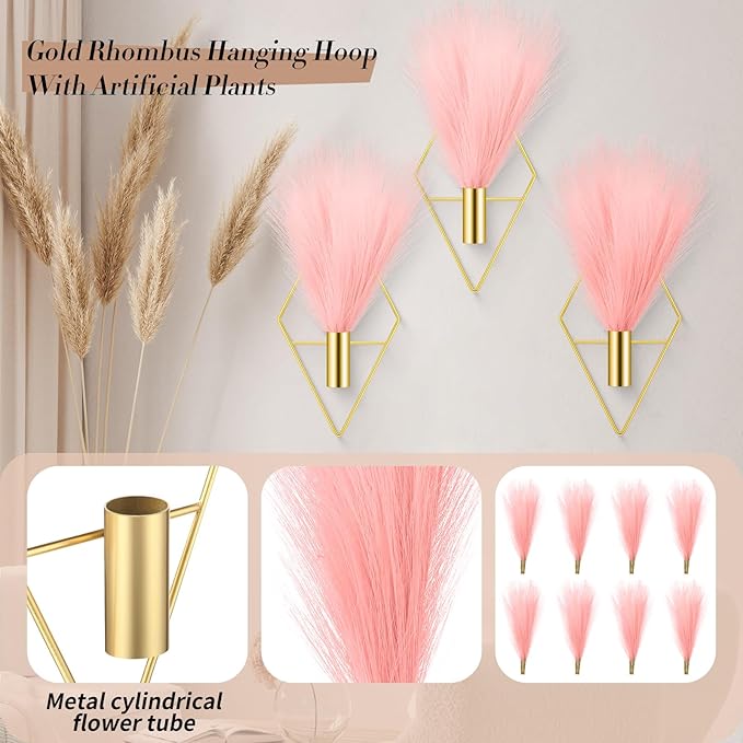 Hanaive 4 Sets Boho Gold Wall Decor Metal Wall Art Hanging Planters with Artificial Pampas Display Art Modern Home Metal Vase for Bedroom Living Room Home Office(Gold, Pink)