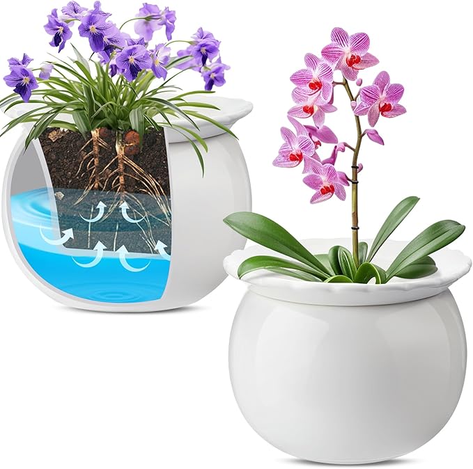 Suclain 2 Pcs African Violet Pots, 6.5 Inch Self Watering Pots for Indoor Flowers and Plants Ceramic Easy Self Watering Plant Pot with Highly Absorbent Inner Planter Pot for Tropical Plants(White)