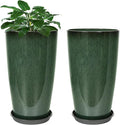 Neoaider Set of 2 Lightweight Ceramic-Look Tall Planter, 21 inch Large Plastic Planter with Drain Hole & Saucers, Large Outdoor Planters for Porch, Garden, Patio, Balcony(Dark Green)