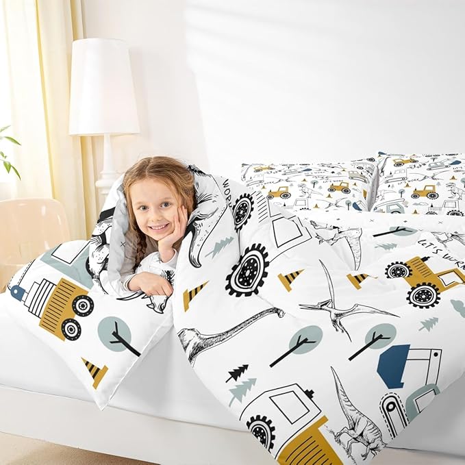 Feelyou Construction Comforter Set Twin Kids Cartoon Car Excavator Tractor Toddler Comforter Equipment Trucks Dinosaur Comforter Set Construction Vehicles White Yellow Duvet Set with 1 Pillow Case
