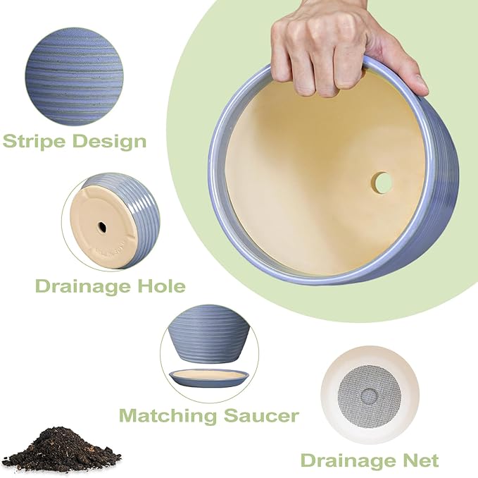 EEPFamily 8 Inch Plant Pot- Ceramic Planter for Indoor Outdoor with Drainage Hole and Plant Tray, Modern Round Porch Home Office Garden Living Room Decor, House Warming Gifts, Blue-Purple