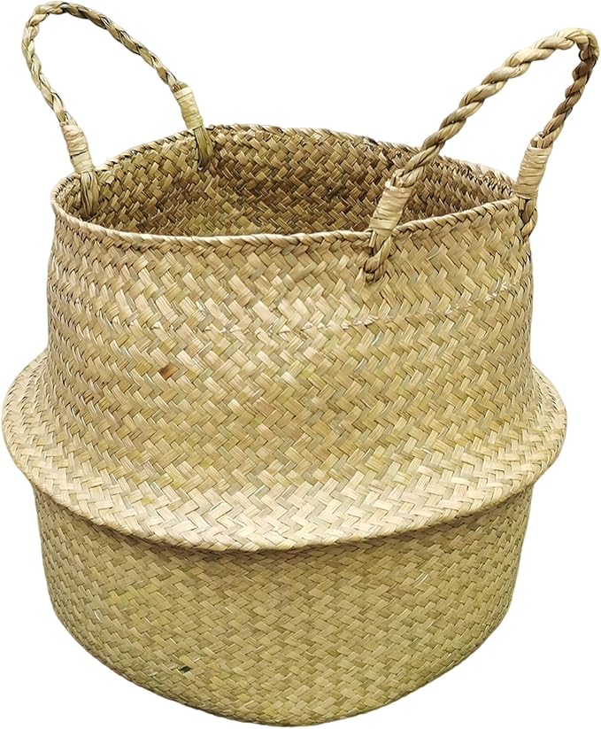 FixtureDisplays 14" x 16" x 10.5" Woven Seagrass Belly Basket Plant Basket with Handles Handmade Home Decor Basket for Storage Plants, Laundry, Picnic, Plant Pot Cover, Beach Bag and Grocery Basket