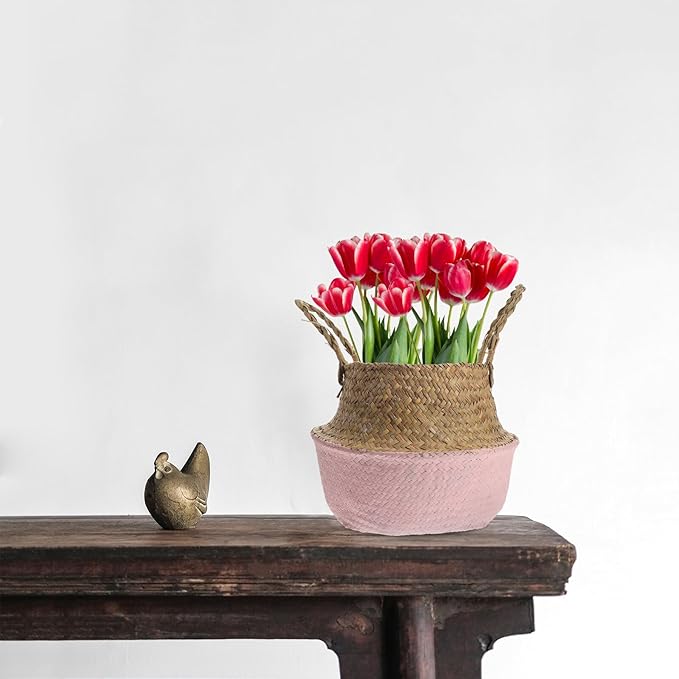 Toyvian Woven Seagrass Flower Basket with Handle, 27cm Diameter Decorative Plant Pot for Home Gardening and Living Room Storage, Foldable Pink Rattan Planter for Indoor Use