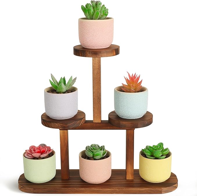 3 Tier Wood Table Top Plant Stand,Small Windowsill Plant Shelf Desk Succulent Stands, Mini Flower Stand Holer Rack for Desktop,Countertop,Window,Kitchen,Office ,Corner,Round,Narrow,Walnut Color