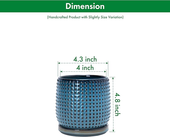 D'vine Dev 4 Inch Ceramic Beaded Stoneware Planter Pot - Flower Pot with Drainage Holes and Saucers for Indoor Succulent Plants or Flowers, Ocean Teal, 27-C-Z-8
