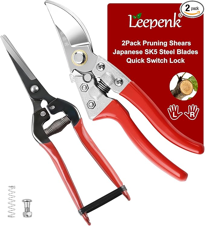 LEEPENK 2 Piece Garden Shears Set: Heavy Duty Pruning Shears with Japanese SK5 Steel Blade & Long Straight Garden Snip,Complete Pruning Shears for Gardening, Tree Trimming, Flower & Herb Cutting