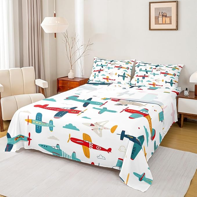 Feelyou Twin Sheets Aircraft Sheet Set for Boys, Kids Cartoon Helicopter Airplane Bedding Set, Children Toddler Soft and Cozy Cute Flying Plane Bed Sheets Kawaii Room Decor Colorful Bed Set 4 Pcs