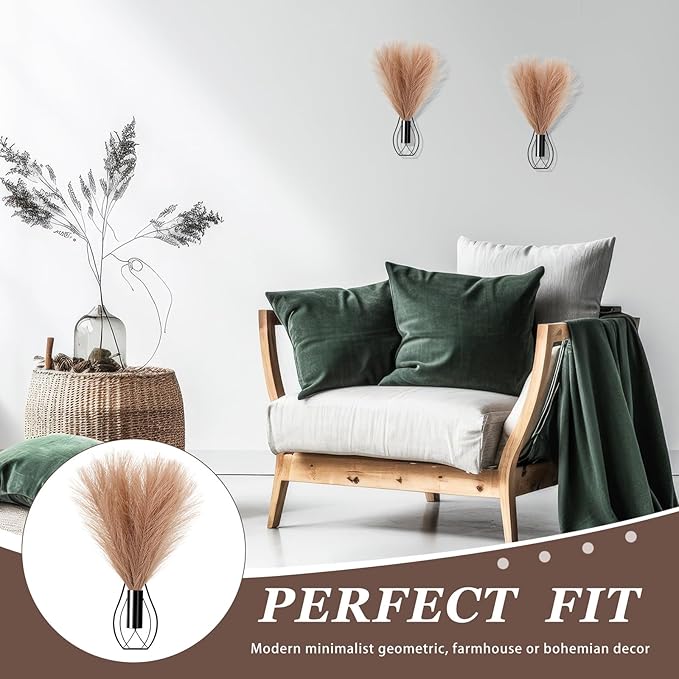 Otoolling 2 Pieces Hanging Plant Wall Decor with Artificial Pampas Grass Metal Hanging Vase Modern Geometric Farmhouse Bohemian Wall Art for Living Room Bedroom Kitchen Office(Black, Light Brown)