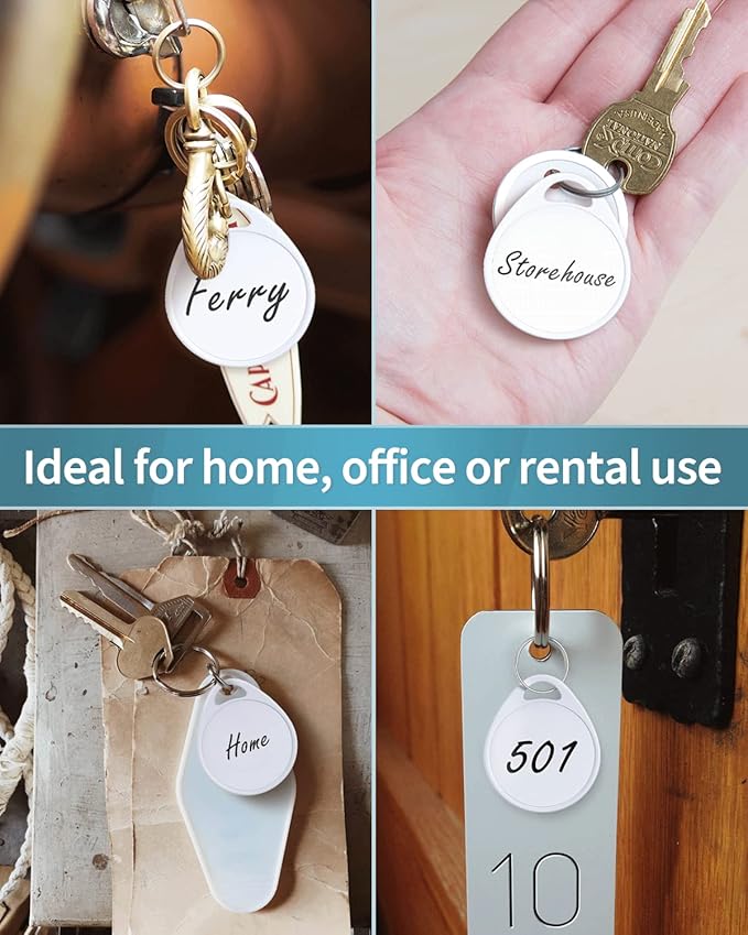 Uniclife 1.5 Inch Tough Plastic Key Tags Sturdy Round White Item Identifiers with Blank Paper Label Stickers and Split Rings, 200 Pack