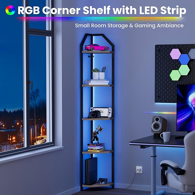 70 Inch Corner Shelf with LED Lights, 5-Tier Corner Bookshelf for Small Spaces, Wood & Metal Storage Rack for Bedroom, Living Room, Office - Modern Space Saving Design- Grey